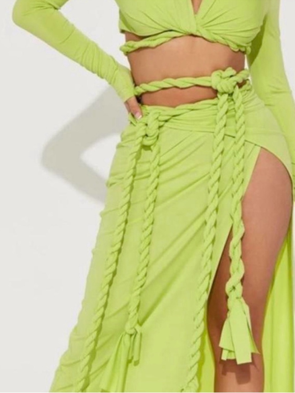 Fashion Nova Neon Lime Rope Wrap Skirt & Cropped Twist Top